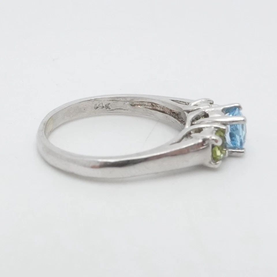 14K WHITE GOLD BLUE TOPAZ & PERIDOT THREE STONE RING SIZE 5.5 WITH PAPER (1 of 2)