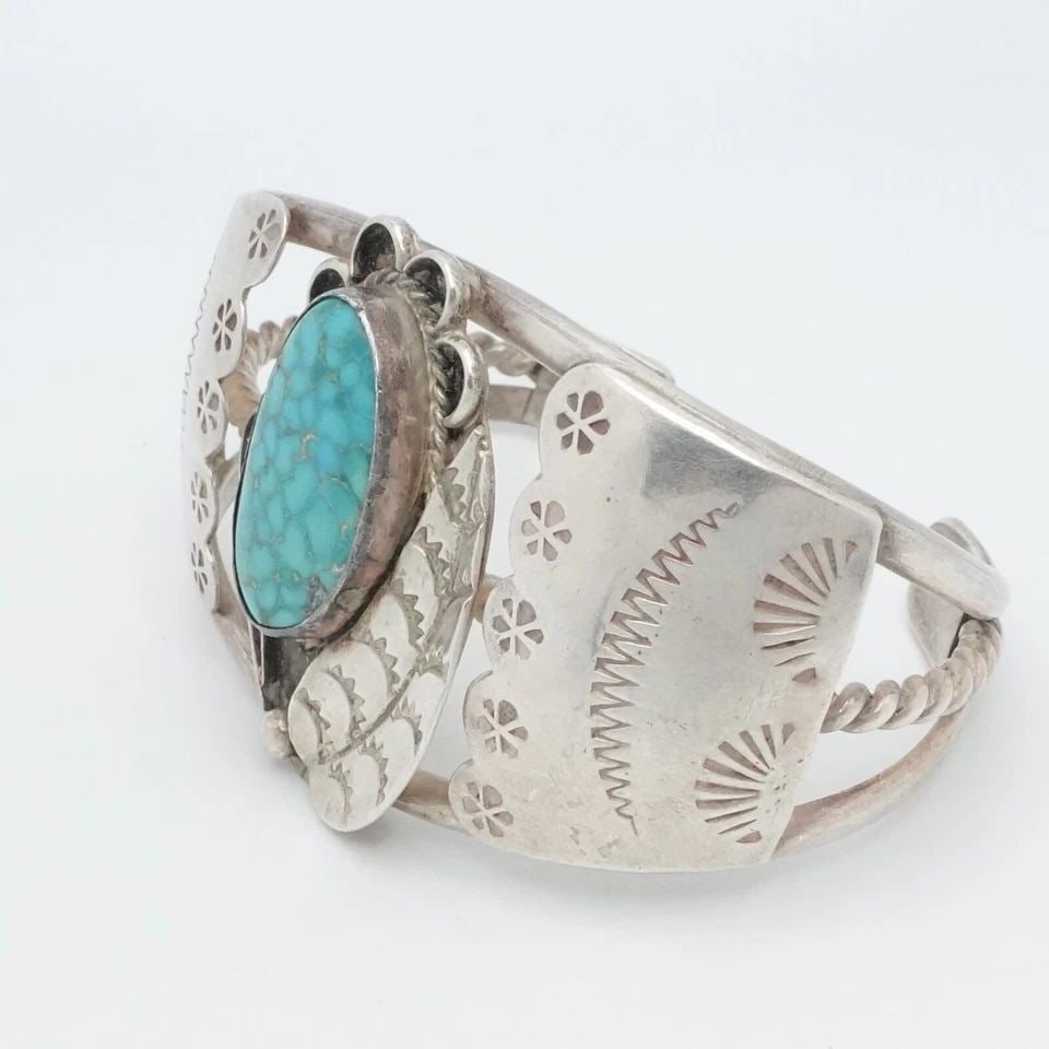 AY STERLING SILVER TURQUOISE NAVAJO FLOWER LEAF CUFF BRACELET 6.25" WRIST (1 of 1)
