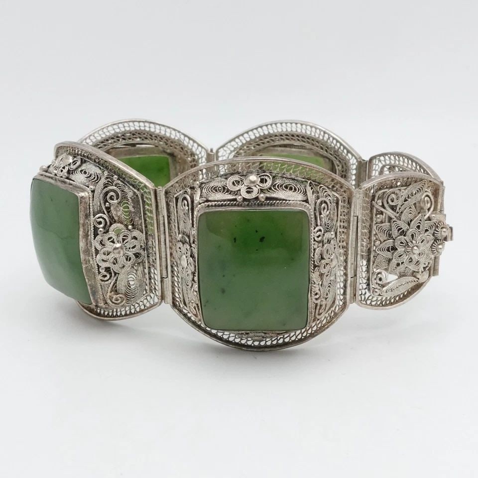 STERLING SILVER FLOWER SPANISH LACE JADE PANEL LINK WIDE BRACELET 7.25" WRIST (1 of 2)