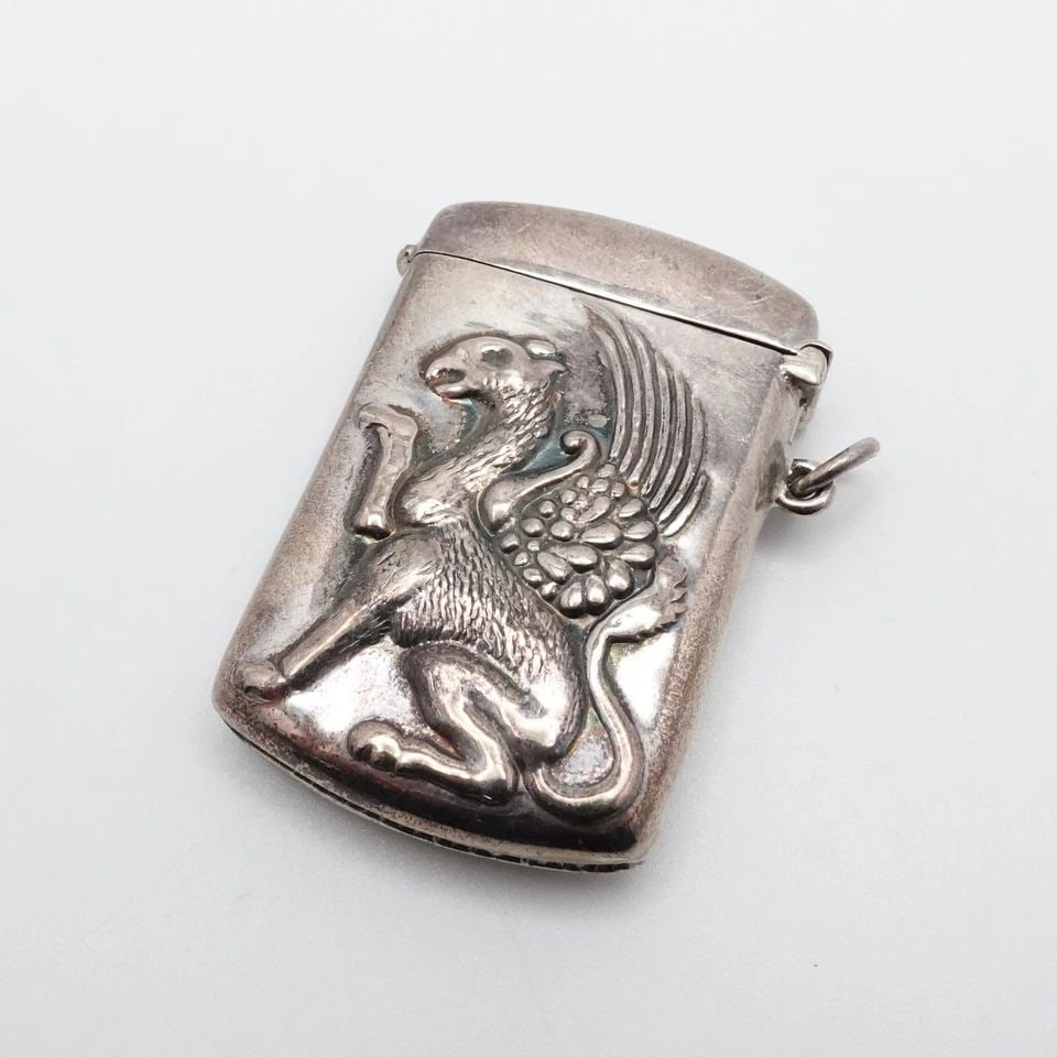 STERLING SILVER GRIFFIN MOTIF VESTA MATCH CASE HOLDER - 2" X 1.25" (1 of 2)