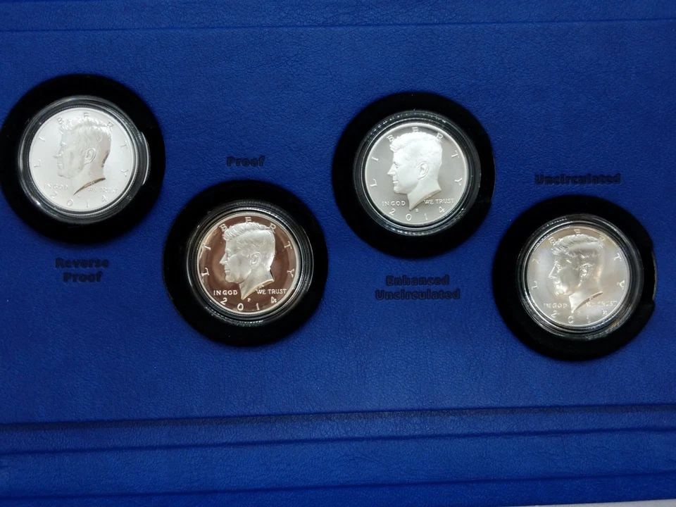 2014 50TH ANNIVERSARY KENNEDY HALF DOLLAR SILVER 4 COIN SET OGP COA: 2014 50TH ANNIVERSARY KENNEDY HALF DOLLAR SILVER 4 COIN SET OGP COA 2014 50th Anniversary Kennedy Half-Dollar Silver 4 Coin Collection Box & COA Included Never Been Opened Or Tampered With