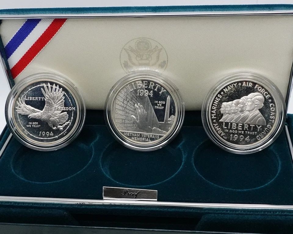 1994 P U.S MINT VETERANS COMMEMORATIVE SILVER 3 COINS PROOF SET - OGP COA #26 (1 of 1)