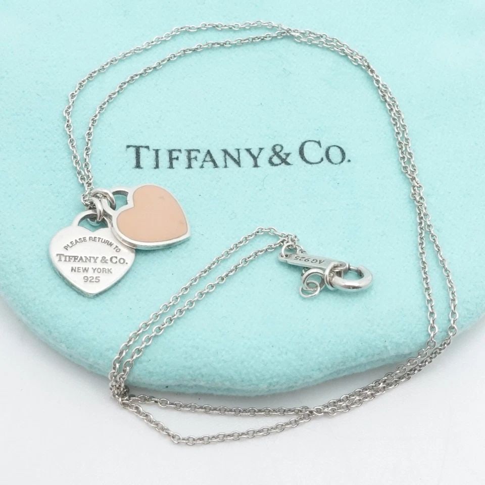 TIFFANY & CO. RETURN TO STERLING SILVER PINK DOUBLE HEART TAG MINI NECKLACE 16": TIFFANY & CO. RETURN TO STERLING SILVER PINK DOUBLE HEART TAG MINI NECKLACE 16" Tiffany & Co. Return to Sterling Silver Pink Enamel Double Heart Tag Mini Necklace Length - 16" Long Chain Width - 1mm P