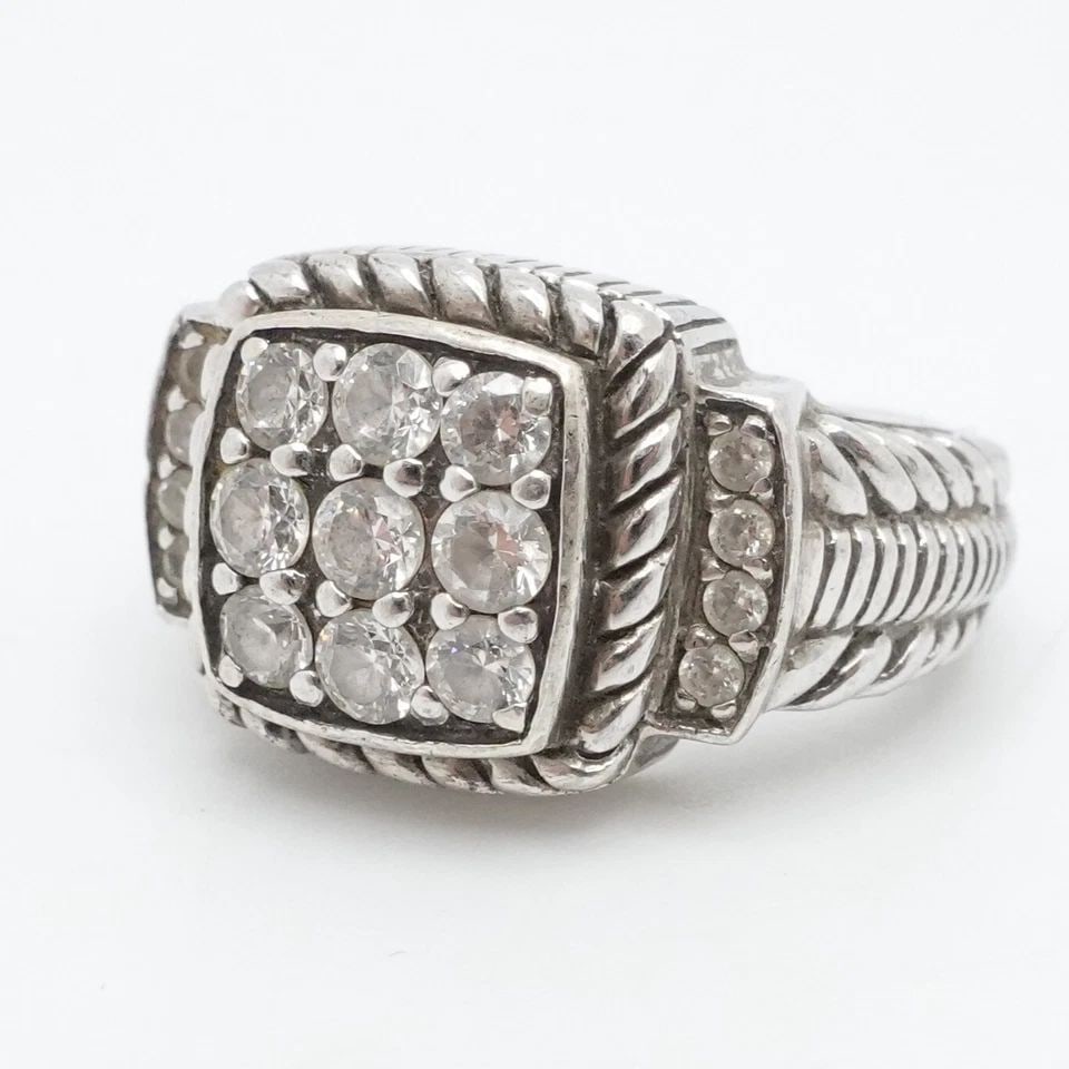 JUDITH RIPKA STERLING SILVER PAVE CLEAR CUBIC ZIRCONIA CABLE RING SIZE 6.25: JUDITH RIPKA STERLING SILVER PAVE CLEAR CUBIC ZIRCONIA CABLE RING SIZE 6.25 Judith Ripka Sterling Silver Pave Clear Cubic Zirconia Cable Ring Size - 6.25 Band Width - 3mm Height - 13mm Total Weight - 