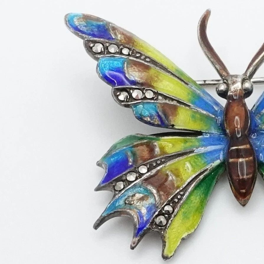 STERLING SILVER GERMANY MULTICOLOR ENAMEL MARCASITE BUTTERFLY BROOCH 1.25" (1 of 1)