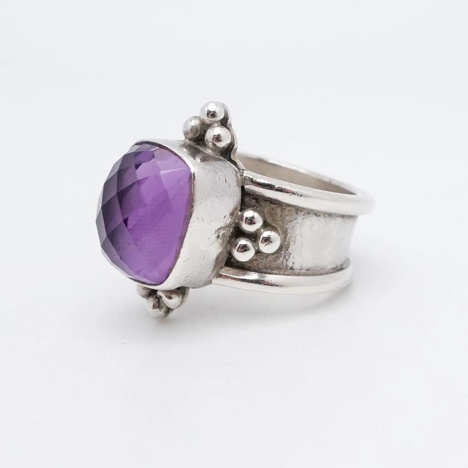 SIGNED STERLING SILVER AMETHYST BALI STYLE WIDE RING - SIZE 7.25 (1 of 2)