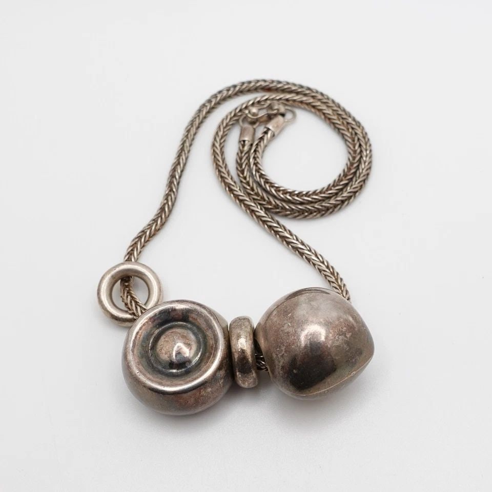 OP SILVER 950 PUFFY ROUND BEADED PENDANT BRAIDED CHAIN CHUNKY NECKLACE - 17.5" (1 of 1)