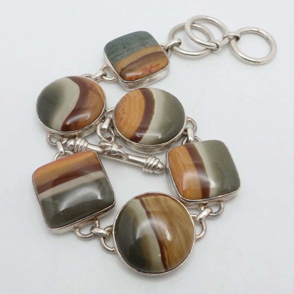 STERLING SILVER ROUND SQUARE AGATE CHAIN TOGGLE CHUNKY BRACELET 8.75" LONG (1 of 1)