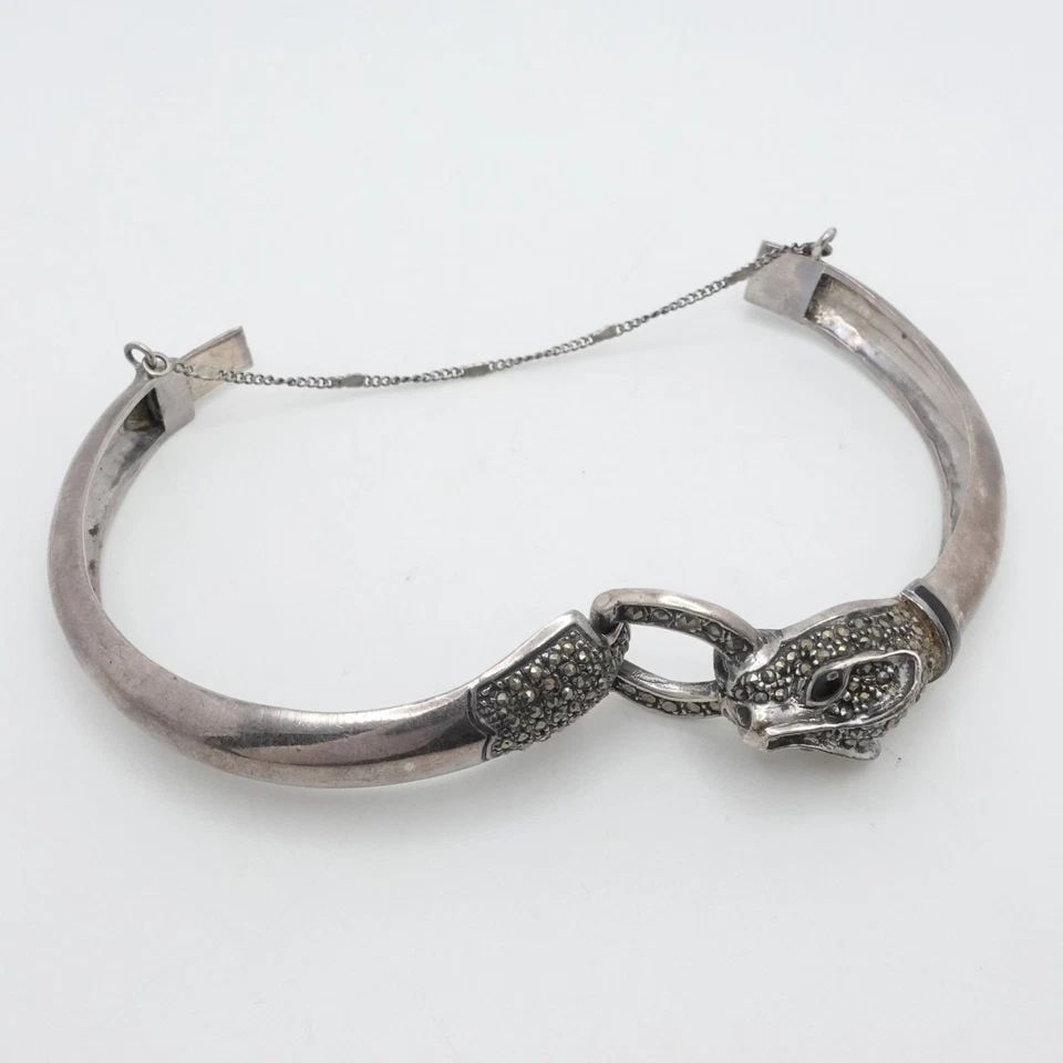STERLING SILVER MARCASITE ONYX ANIMAL PANTHER HEAD BANGLE BRACELET 7" WRIST (1 of 2)