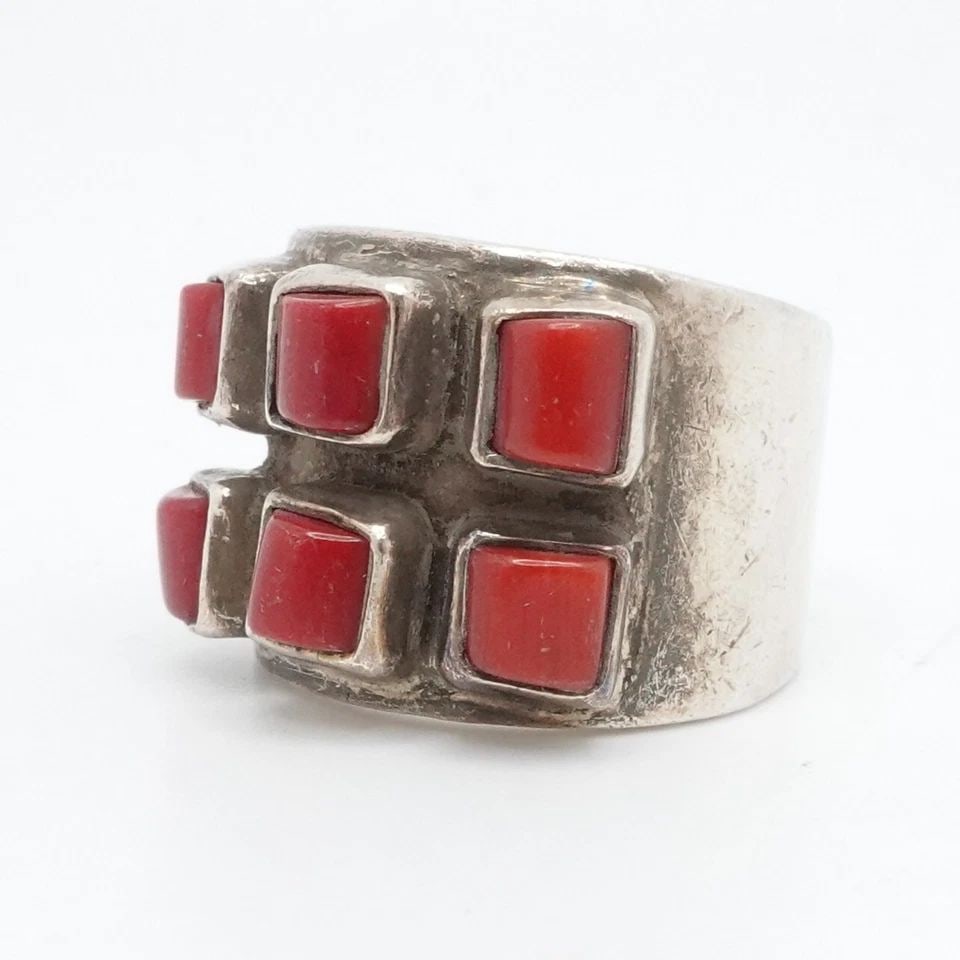 EXEX SIGNED STERLING SILVER SQUARE RED GEMSTONE WIDE BAND RING SIZE 4.5 (1 of 1)