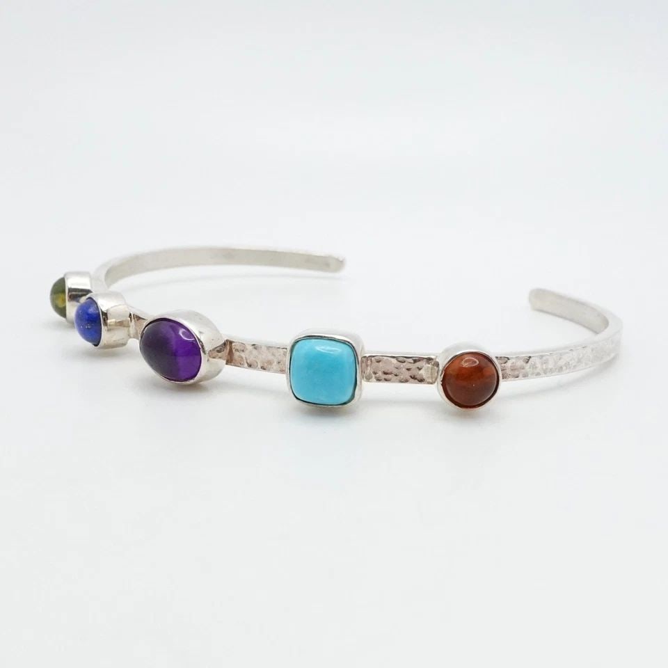 JAY KING DTR STERLING SILVER MULTI GEMSTONE HAMMERED CUFF BRACELET - 6.75" WRIST: JAY KING DTR STERLING SILVER MULTI GEMSTONE HAMMERED CUFF BRACELET - 6.75" WRIST Jay King Desert Rose Trading Company Signed DTR Sterling Silver Multi-Gemstone Stackable Hammered Style Cuff Bracelet F