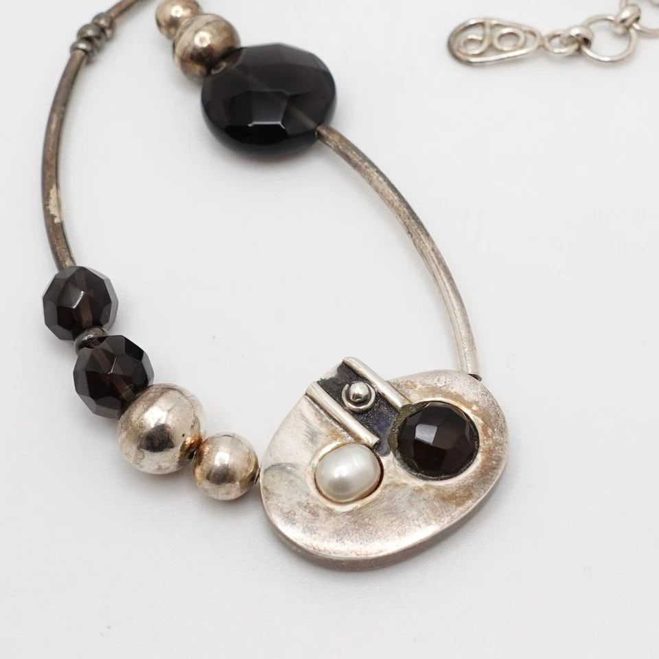 OP SILVER 950 SMOKY QUARTZ GEMSTONE PENDANT BEADED CHAIN NECKLACE - 17.5" (1 of 2)