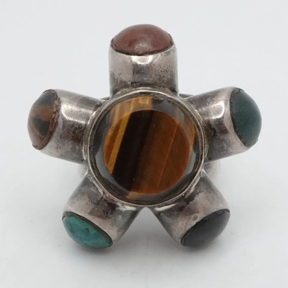 STERLING SILVER MEXICO MULTI GEMSTONE STAR MOTIF BOLD STATEMENT RING SIZE 7.5 (1 of 2)