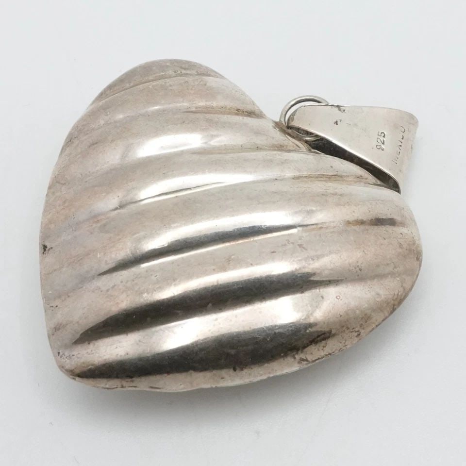 STERLING SILVER MEXICO PUFFED HEART RIBBED LARGE PENDANT 2.5" (1 of 1)