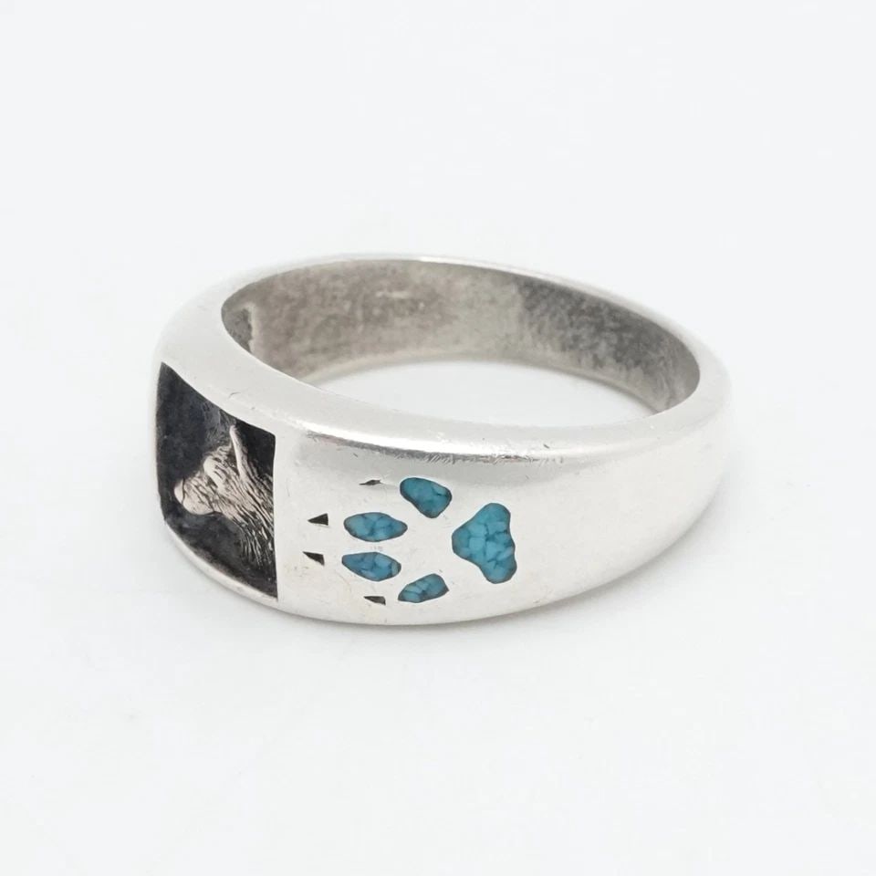 STERLING SILVER WOLF CLAW MOTIF TURQUOISE INLAY BAND RING SIZE 13 (1 of 1)