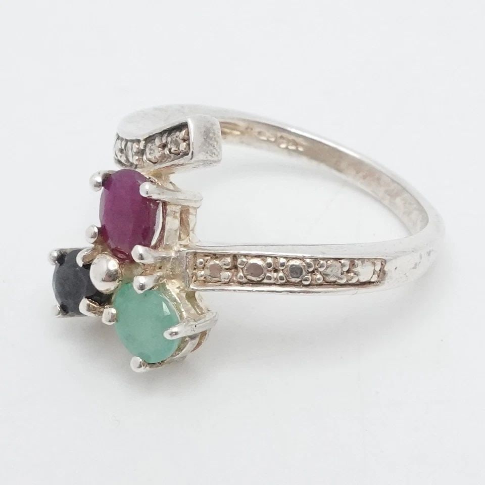 STERLING SILVER OVAL FACETED EMERALD RUBY SAPPHIRE THREE STONE BYPASS RING 8.25 (1 of 2)