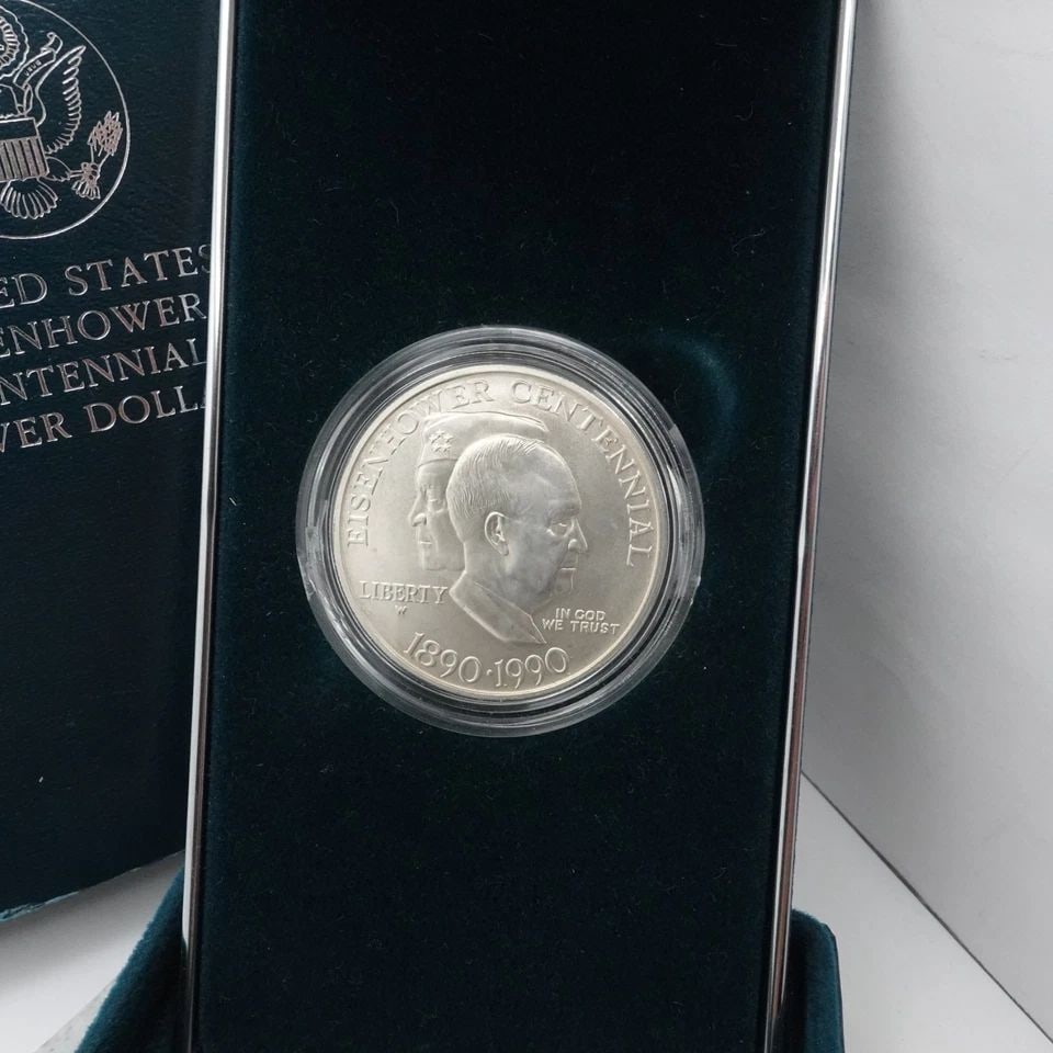 1990 W U.S MINT EISENHOWER CENTENNIAL UNCIRCULATED SILVER DOLLAR COIN BOX & COA: 1990 W U.S MINT EISENHOWER CENTENNIAL UNCIRCULATED SILVER DOLLAR COIN BOX & COA 1990 W U.S Mint Eisenhower Centennial Uncirculated Silver Dollar Coin Box & COA Included This listing is for 1 Coin ONLY