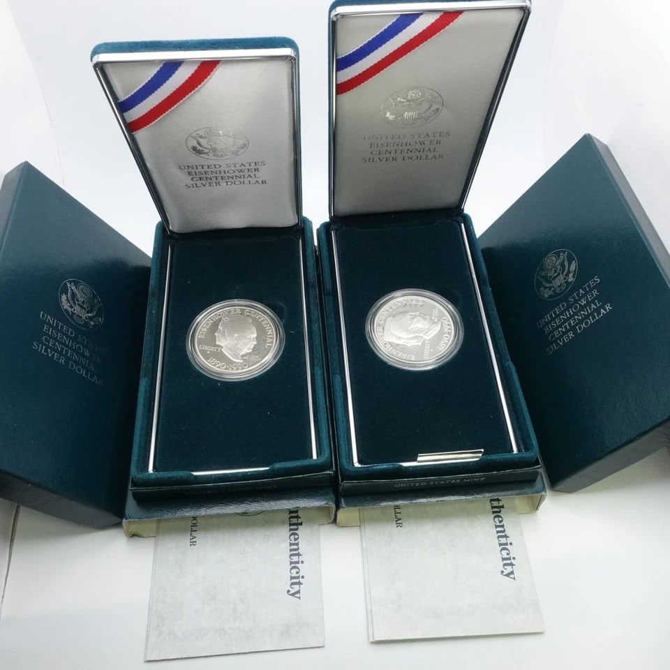 1990 P U.S MINT EISENHOWER CENTENNIAL PROOF SILVER DOLLAR COIN BOX & COA (1 of 2)