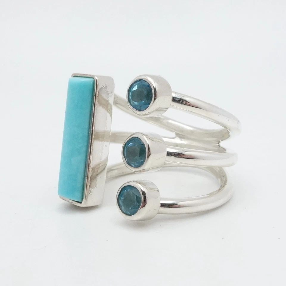 JAY KING DTR STERLING SILVER TURQUOISE & BLUE TOPAZ OPEN RING - SIZE 11: JAY KING DTR STERLING SILVER TURQUOISE & BLUE TOPAZ OPEN RING - SIZE 11 Jay King Desert Rose Trading Company Signed DTR Sterling Silver Turquoise & Blue Topaz Gemstone Band Ring Size - 11 Band Width -