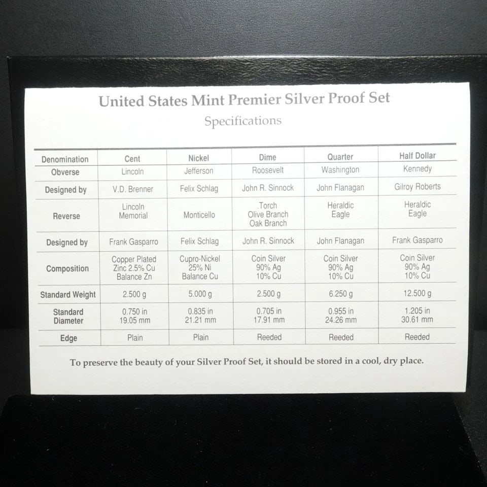 1998 S U.S MINT PREMIER SILVER 5 COINS PROOF SET BOX & COA: 1998 S U.S MINT PREMIER SILVER 5 COINS PROOF SET BOX & COA 1998 S U.S Mint Premier Silver 5 Coins Proof Set The following each 5 coin includes: [1] Kennedy Half 90% Silver Dollar (12.500 g) [1] Washin