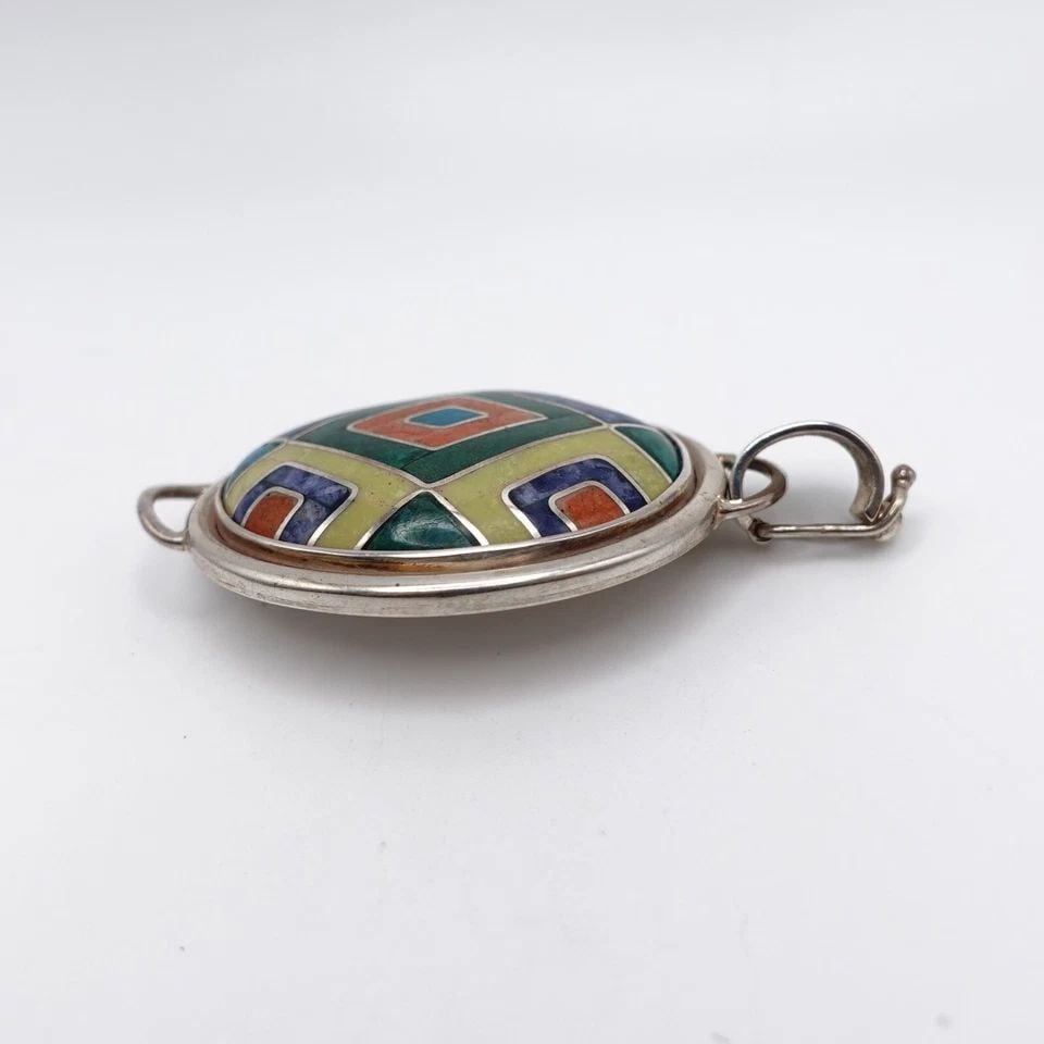 SILVER 950 PERU MULTI GEMSTONE INLAY OVAL PIN BROOCH PENDANT - 2": SILVER 950 PERU MULTI GEMSTONE INLAY OVAL PIN BROOCH PENDANT - 2" Silver 950 Peru Multi Gemstone Inlay Oval Pin Brooch Pendant Height - 2" Length - 1.25" Bail Height - 9mm Bail Width - 6mm Total Weigh