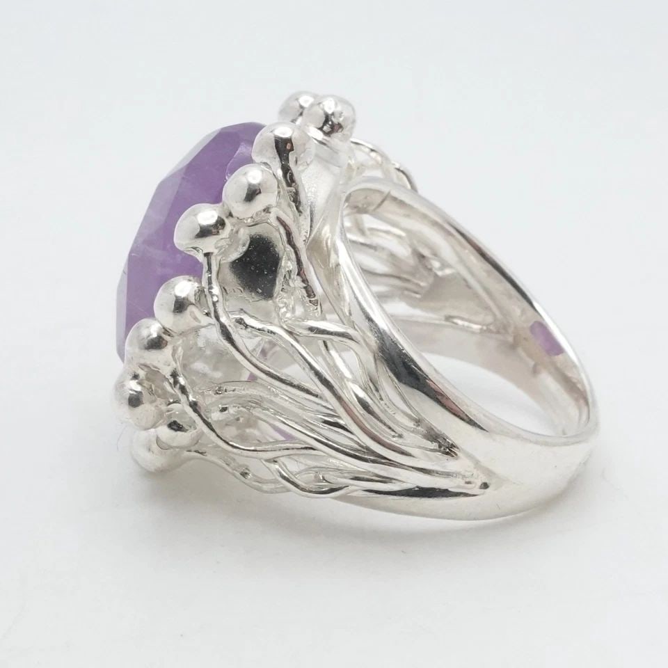 RIDER SILVER 950 FACETED OVAL AMETHYST BEADED RING SIZE 6.5 (1 of 2)