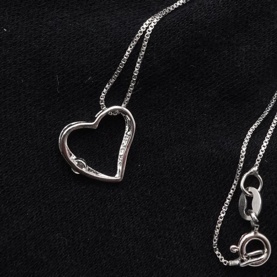 AFJC SIGNED STERLING SILVER OPEN HEART DIAMOND CHARM BOX CHAIN NECKLACE 17.75" (1 of 2)