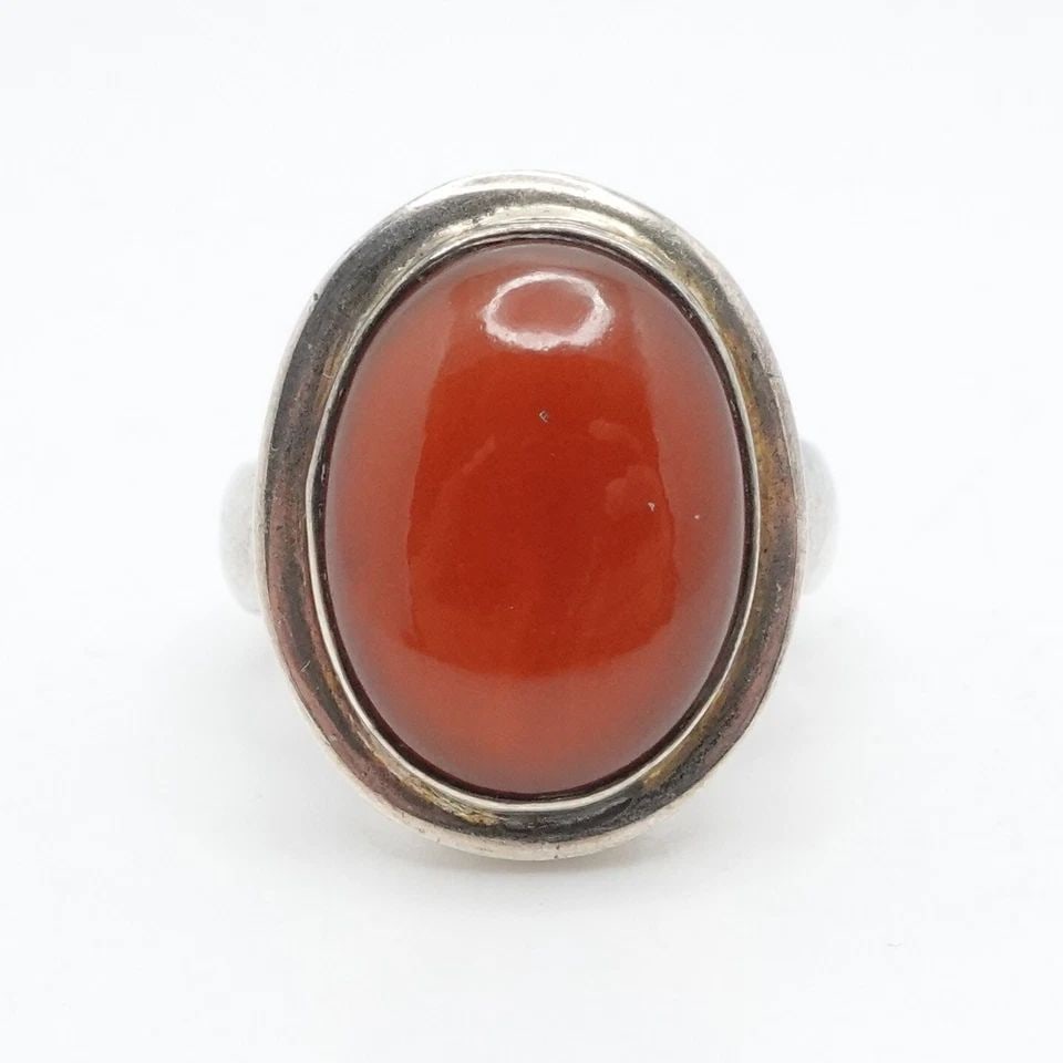 SILVER 800 CARNELIAN GEMSTONE CABOCHON BEZEL RING SIZE 8 (1 of 2)