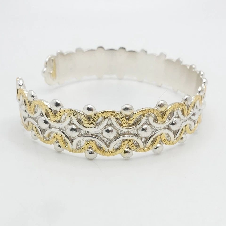 STERLING SILVER GOLD PLATED TWO TONE SCROLL BEADED CUFF BRACELET 7" WRIST (1 of 1)