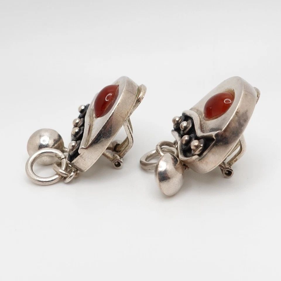 OP SILVER 950 CARNELIAN GEMSTONE ASYMMETRICAL CLIP-ON DROP EARRINGS - 1.5" (1 of 1)