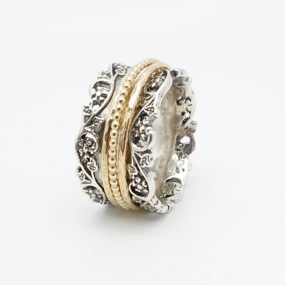OR PAZ STERLING SILVER TWO TONE FLOWER ORNATE SPINNER BAND WIDE RING - SIZE 7.5: OR PAZ STERLING SILVER TWO TONE FLOWER ORNATE SPINNER BAND WIDE RING - SIZE 7.5 Or Paz Sterling Silver Two Tone Flower Ornate Spinner Band Wide Ring Size - 7.5 Band Width - 11.5mm Total Weight - 8.5 G