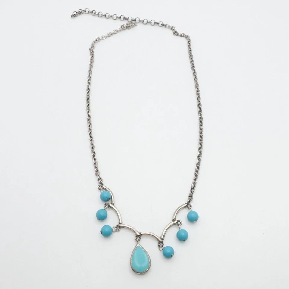 SU STERLING SILVER TEARDROP TURQUOISE BEADED CHAIN ADJUSTABLE NECKLACE 18" (1 of 1)