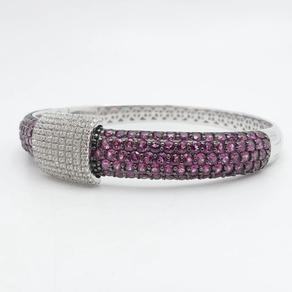 STERLING SILVER PAVE PURPLE & CLEAR CUBIC ZIRCONIA BANGLE BRACELET SIZE 7" WRIST (1 of 2)