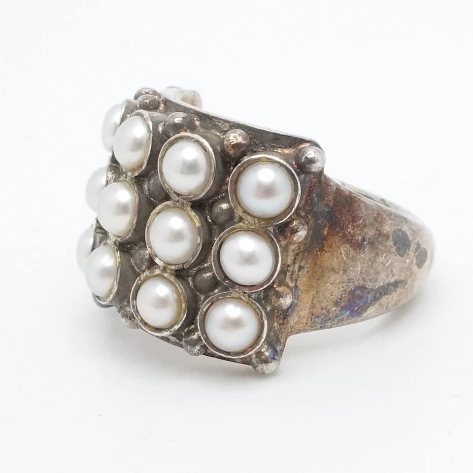 STERLING SILVER THREE ROW ROUND WHITE PEARL RING SIZE 6 (1 of 2)