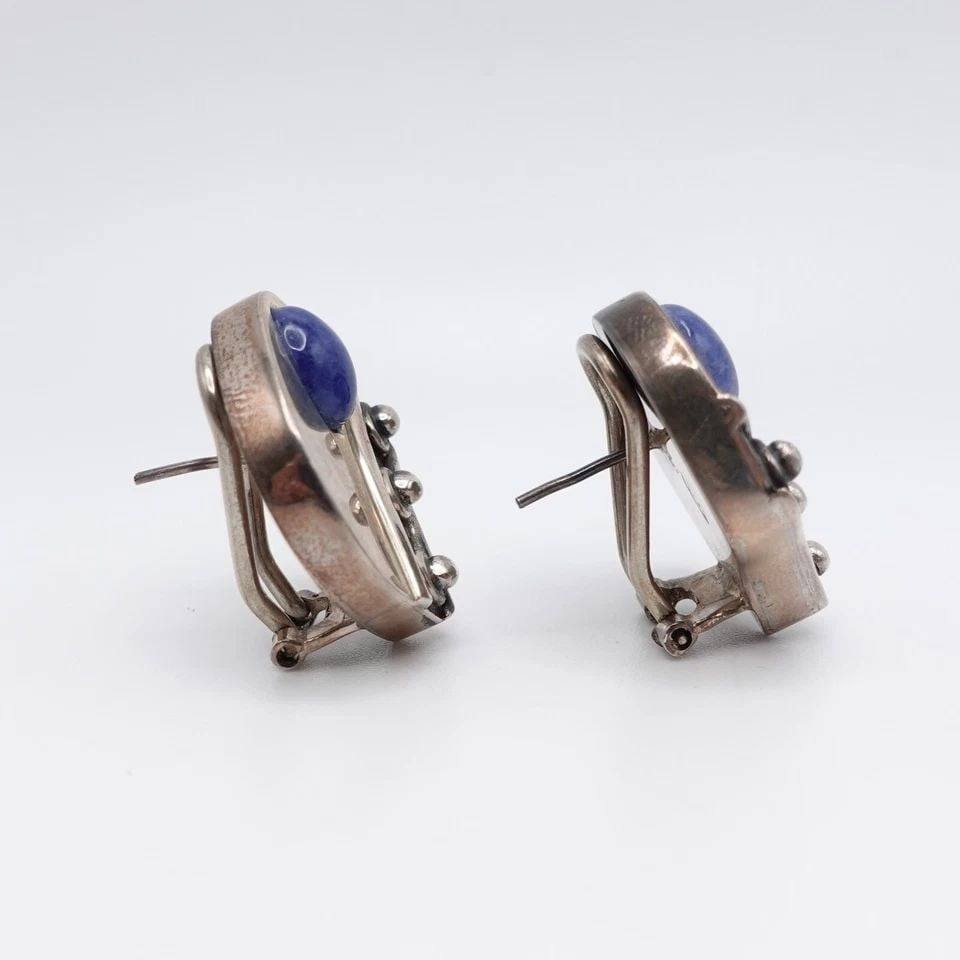 OP SILVER 950 SODALITE GEMSTONE ASYMMETRICAL CLIP-ON STUD DROP EARRINGS - .75" (1 of 2)