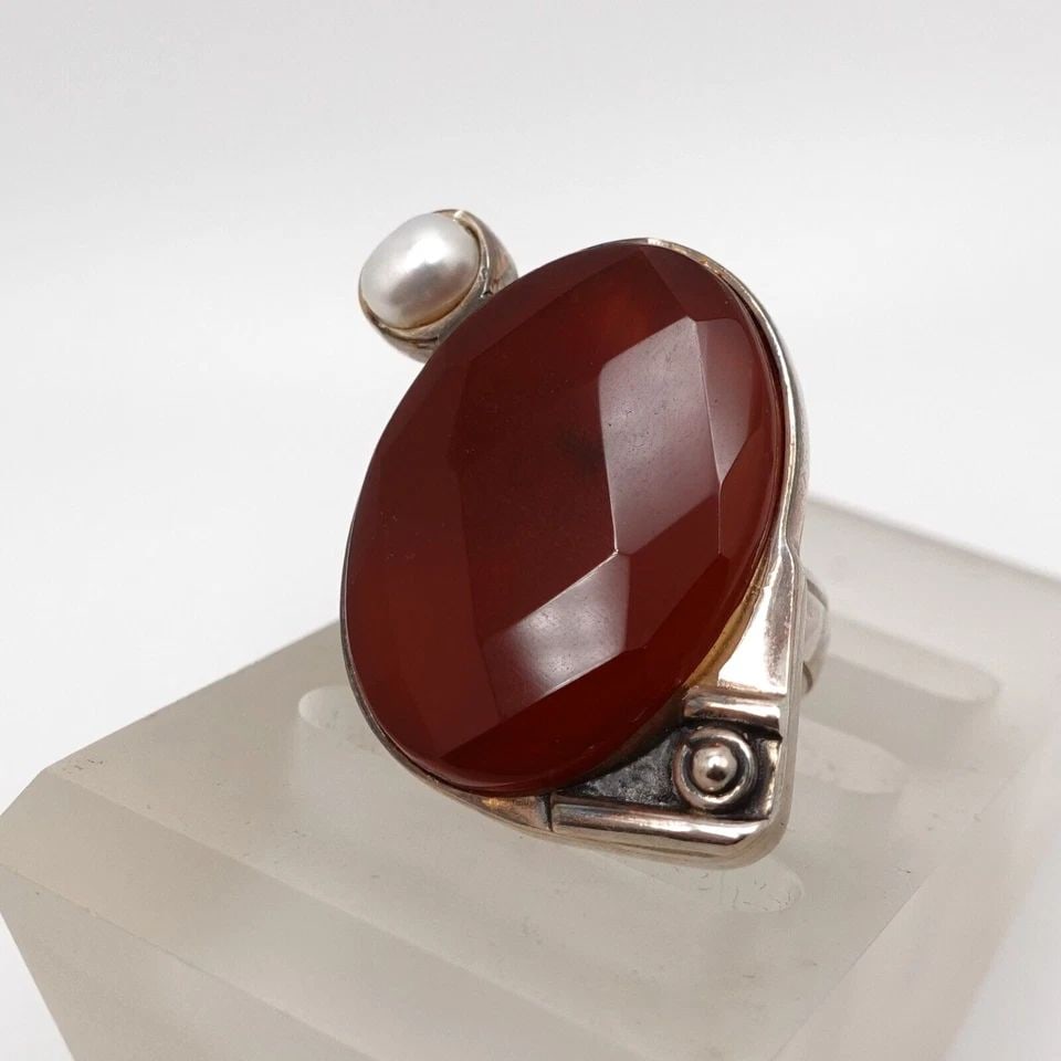 OP SILVER 950 CARNELIAN & PEARL GEMSTONE COCKTAIL RING - SIZE 6.75 (1 of 1)