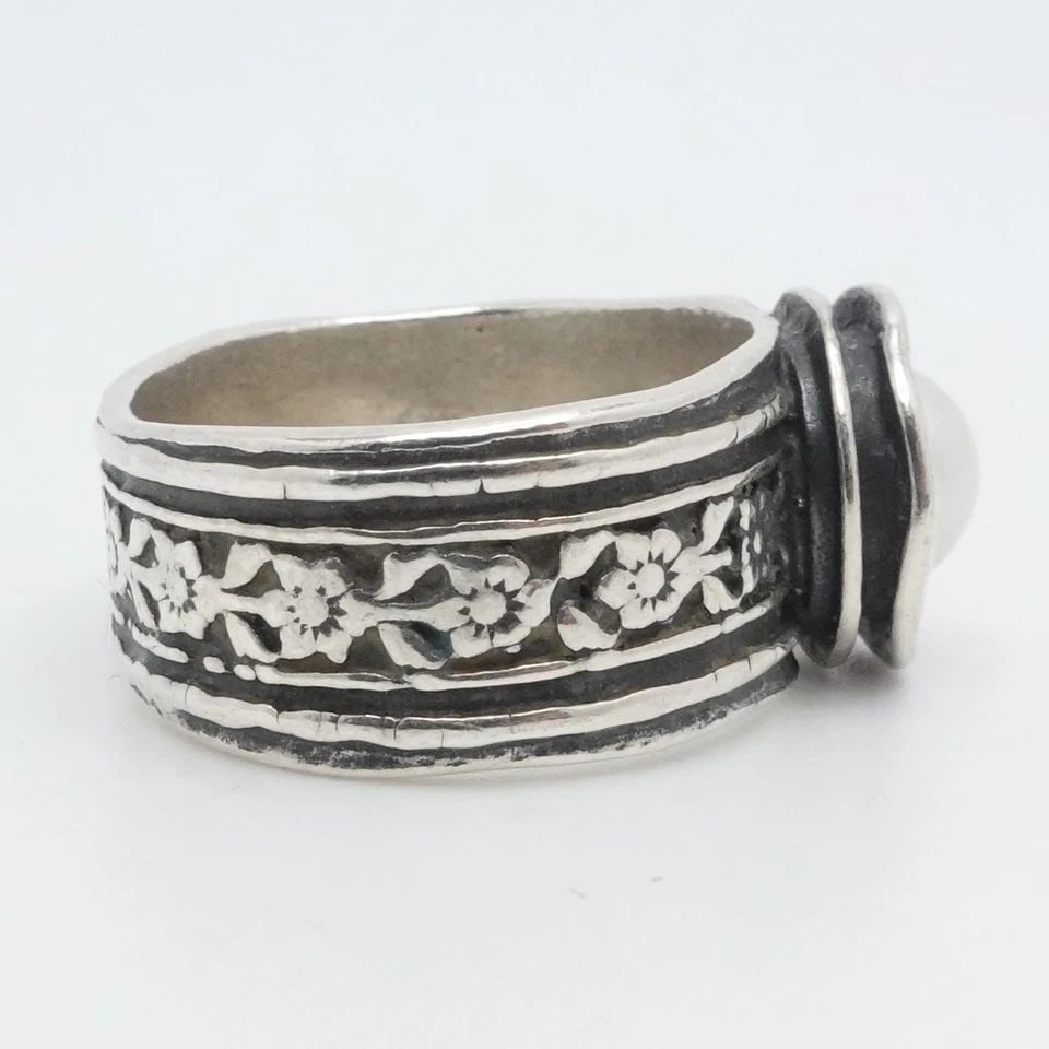 STERLING SILVER ISRAEL 6.5MM WHITE PEARL FLOWER BAND RING SIZE 8 (1 of 2)