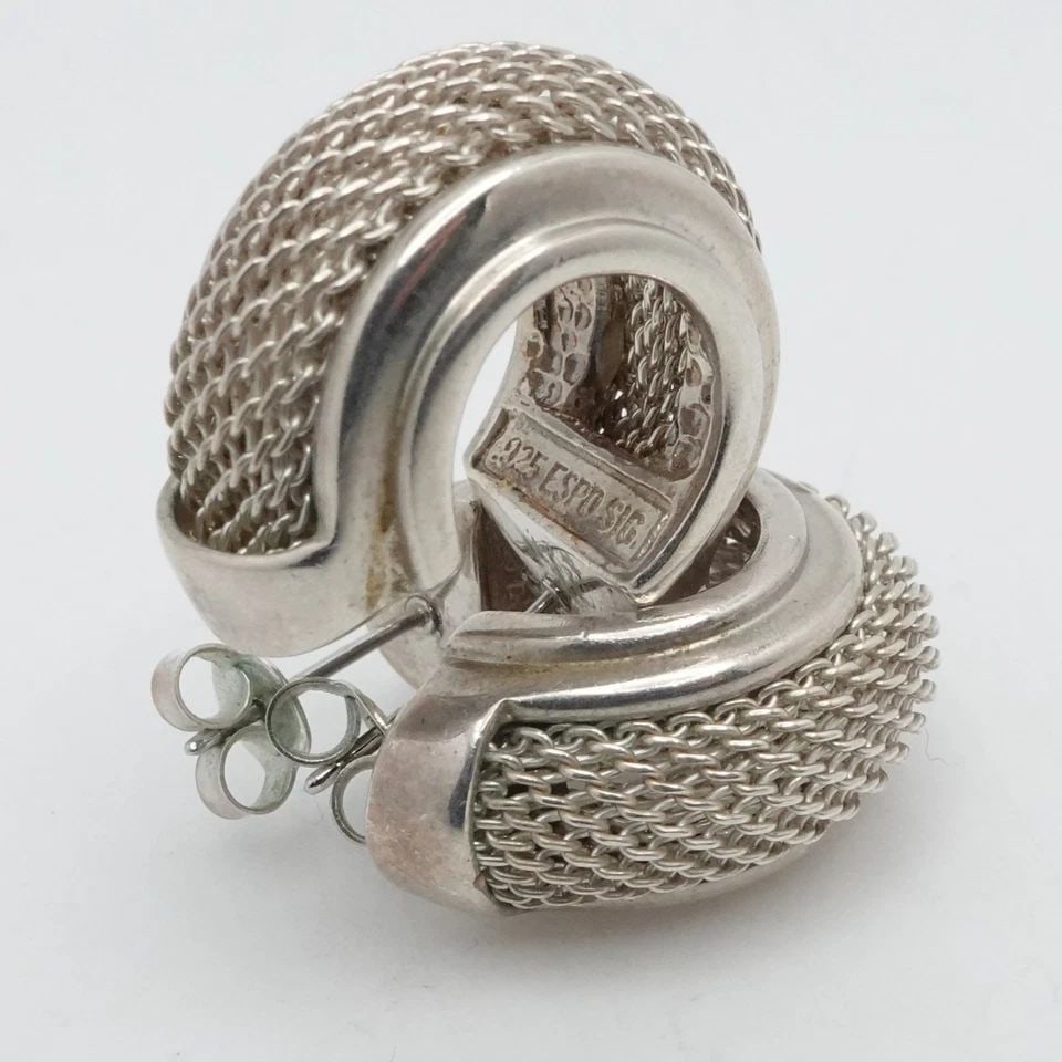 ESPO STERLING SILVER MESH J HOOP WIDE EARRINGS 1" (1 of 1)