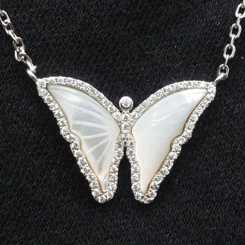 STERLING SILVER BUTTERFLY MOTHER OF PEARL INLAY CLEAR CZ NECKLACE 15.5": STERLING SILVER BUTTERFLY MOTHER OF PEARL INLAY CLEAR CZ NECKLACE 15.5" Sterling Silver Butterfly Mother of Pearl Inlay Clear Cubic Zirconia Diamond Cut Chain Link Necklace Length - 15.5" - 17.5" Chai