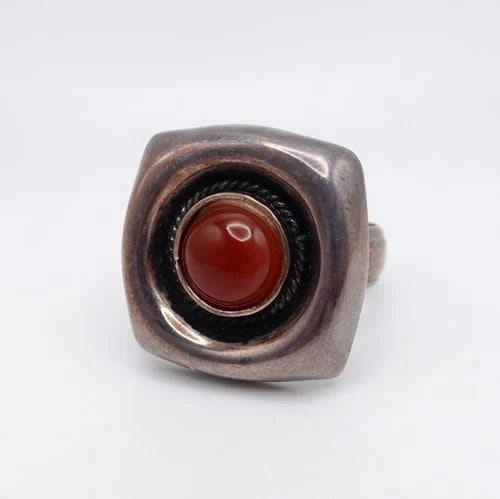 OP SILVER 950 ROUND CARNELIAN GEMSTONE PUFFY SQUARE RING - SIZE 8 (1 of 1)
