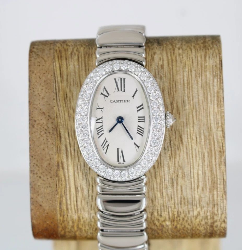 CARTIER BAIGNOIRE 18K WHITE GOLD DIAMOND BEZEL OVAL WATCH WB5097L2 1955 W/ BOX (1 of 2)