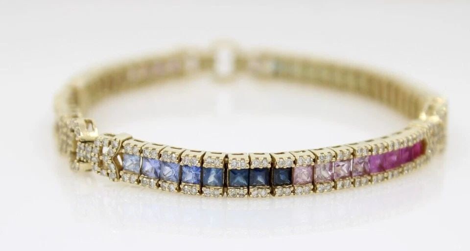 EFFY WATERCOLORS 14K YELLOW GOLD RAINBOW MULTI-SAPPHIRE & DIAMOND BRACELET (1 of 1)