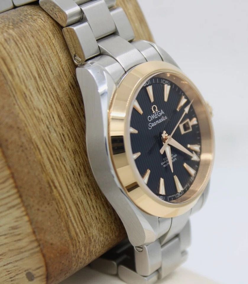 OMEGA SEAMASTER AQUA TERRA 18K ROSE GOLD/STEEL 34MM BLACK DATE DIAL WATCH W/ BOX (1 of 2)