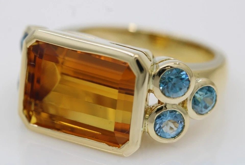 18K YELLOW GOLD CITRINE & BLUE TOPAZ RING SIZE 8 - 18 GRAMS (1 of 2)