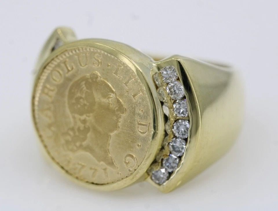 1771 ½ ESCUDO CHARLES III 21K GOLD SPANISH COIN IN 18K GOLD DIAMOND RING SZ 6.5 (1 of 2)