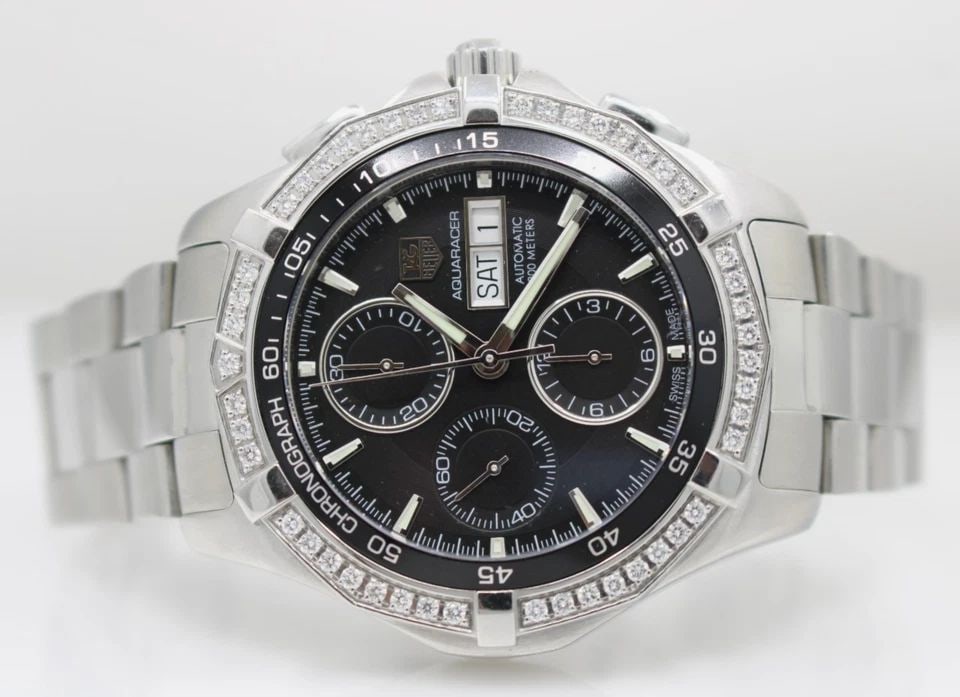 TAG HEUER AQUARACER 44MM BLACK DAY/DATE DIAL DIAMOND BEZEL AUTO WATCH CAF2014: TAG HEUER AQUARACER 44MM BLACK DAY/DATE DIAL DIAMOND BEZEL AUTO WATCH CAF2014 Description TAG Heuer Aquaracer Black Day/Date Dial Diamond Bezel Automatic Chrono Watch CAF2014 The watch has been used p