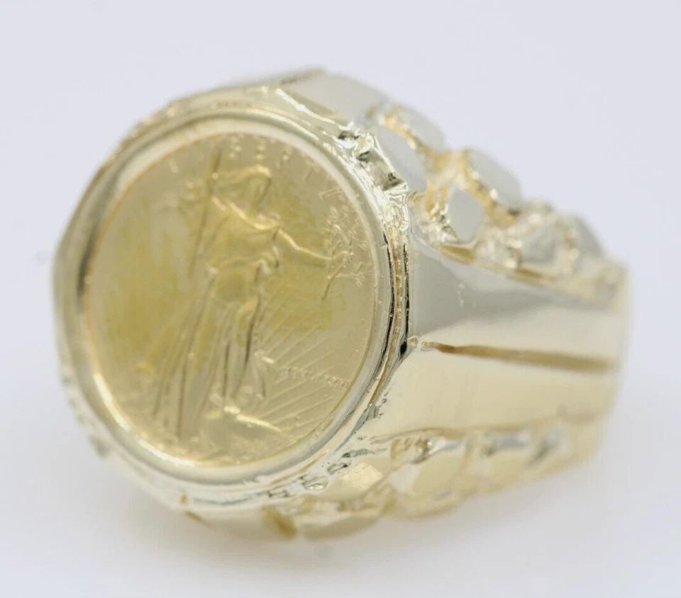 1986 $5 AMERICAN EAGLE 1/10OZ GOLD COIN IN 14K YELLOW GOLD RING SIZE 8.5 - 14.8G (1 of 2)