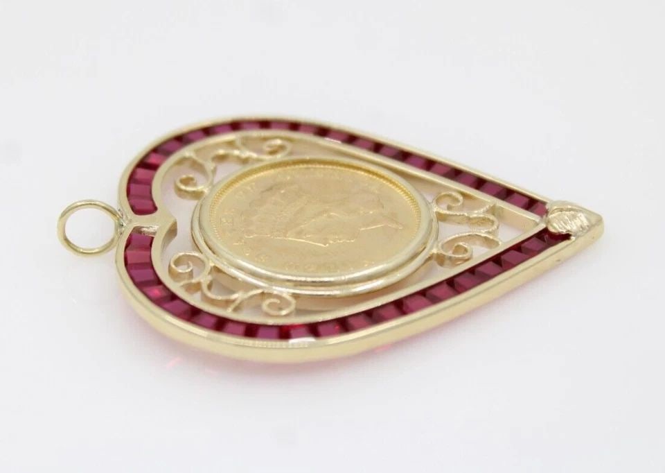 1857 $3 THREE DOLLAR INDIAN GOLD COIN IN 14K YELLOW GOLD RUBY HEART PENDANT (1 of 2)