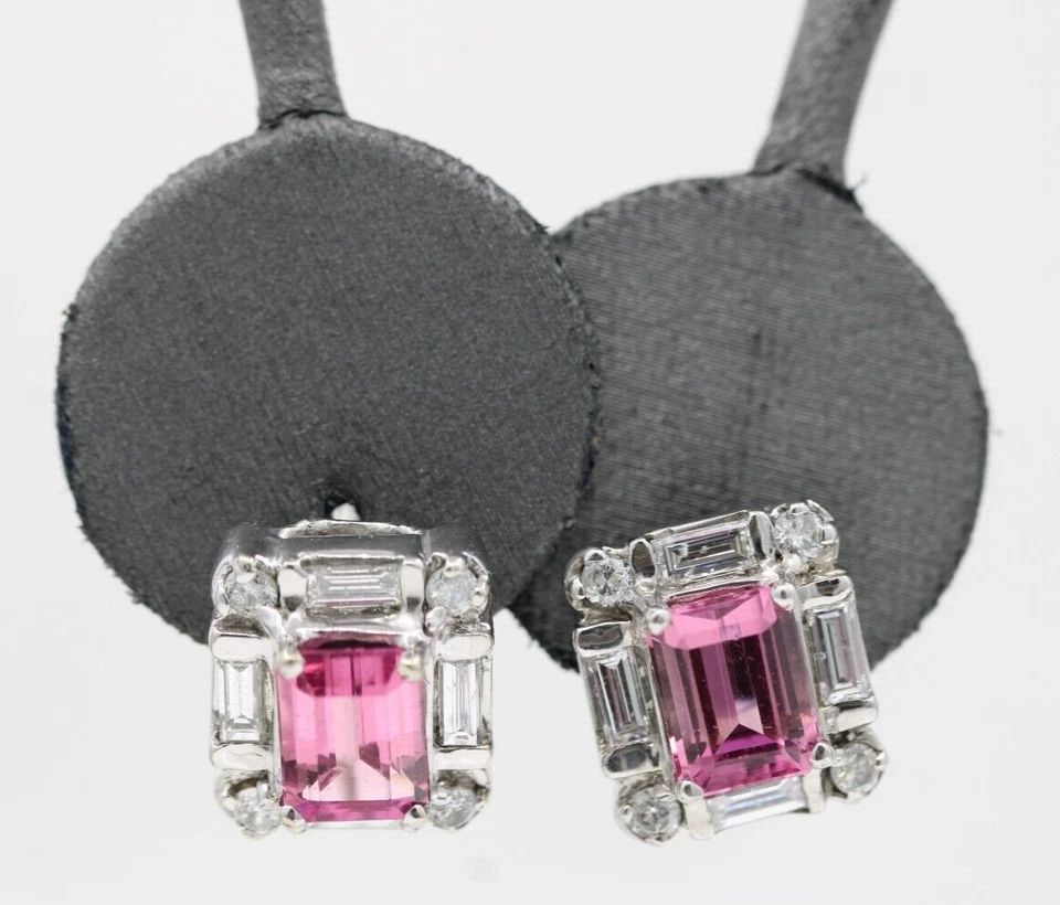 SBJ 14K WHITE GOLD 6.35 TCW PINK TOURMALINE & DIAMONDS LEVER BACK EARRINGS 8.2 G (1 of 2)