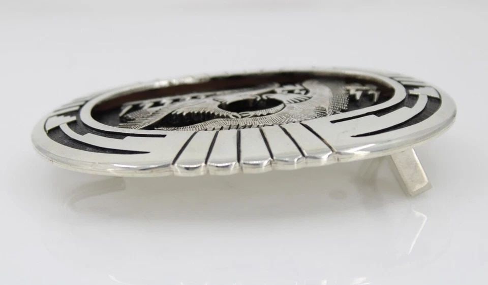 NATIVE AMERICA HOPI WATSON HONANIE STERLING SILVER & 14K BELT BUCKLE - 127 GRAMS: NATIVE AMERICA HOPI WATSON HONANIE STERLING SILVER & 14K BELT BUCKLE - 127 GRAMS NATIVE AMERICA HOPI WATSON HONANIE STERLING SILVER & 14K BELT BUCKLE - 127 GRAMS Description Native American Hopi Watso
